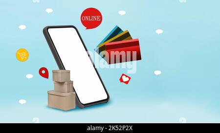 Big Smartphone, Credit Cards And Boxes Over Blue Background, Collage Stock Photo