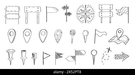 Map pins sign vector set. Hand drawn location icon in doodle syle. Sketch flag vector set. Marker black pointer. Marker black pointer. Road signs. Ink Stock Vector