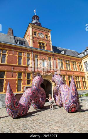 France, Nord, Lille, countess hospice in the district of old Lille, 6th season of Lille 3000 titled Utopia, Entidades by Jaider Esbell, two imposing s Stock Photo
