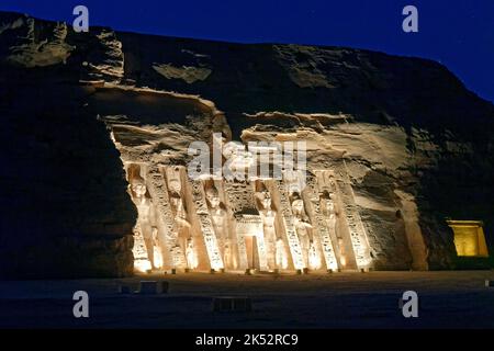 Egypt, Upper Egypt, Nubia, Abu Simbel, site listed as World Heritage by UNESCO, Nefertari Temple dedicated to Hathor Goddess, sound and light show Stock Photo
