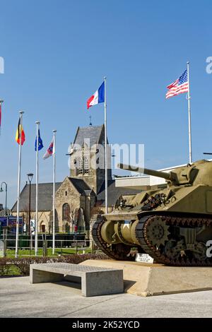 France, Manche, Cotentin, Sainte Mere Eglise, one of the first communes of France liberated on June 6, 1944, Airborne Museum, the American Sherman tan Stock Photo