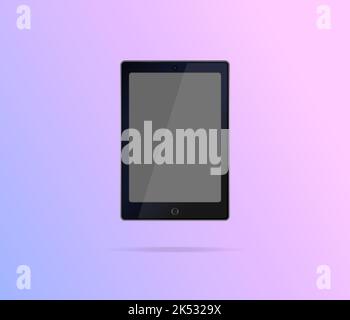 Realistic tablet with empty display with reflex, front view, on modern gradient background. Trendy template. Electronic device for presentation, ad Stock Vector