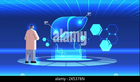 doctor in digital glasses looking at virtual detailed explanation anatomical liver internal organ vr vision metaverse Stock Vector