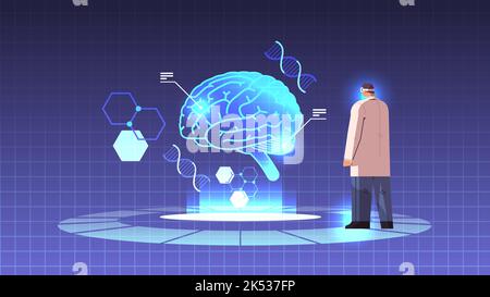 doctor in digital glasses looking at virtual detailed explanation anatomical brain internal organ vr vision metaverse Stock Vector