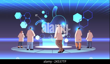 doctors in digital glasses looking at virtual detailed explanation anatomical stomach internal organ vr vision metaverse Stock Vector
