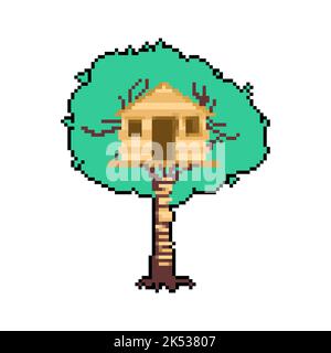 Pixel art Tree house. 8 bit Children's treehouse. Graphics of an old computer game Stock Vector