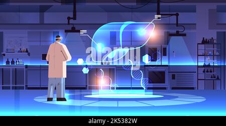 doctor in digital glasses looking at virtual detailed explanation anatomical liver internal organ vr vision metaverse Stock Vector
