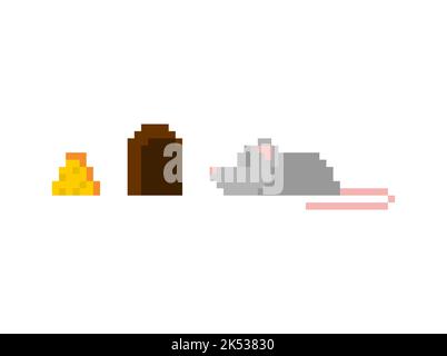 Pixel art Mouse and cheese and burrow set. 8 bit Vector illustration Stock Vector
