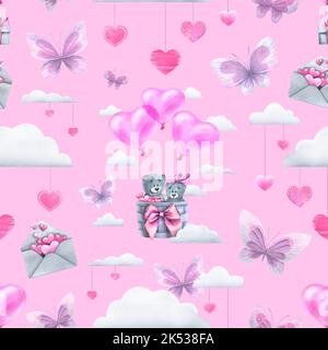 Cute bears on balloons in the clouds with gifts, envelopes, hearts and butterflies. Watercolor illustration. Seamless pattern on a pink background Stock Photo