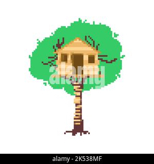 Pixel art Tree house. 8 bit Children's treehouse. Graphics of an old computer game Stock Vector