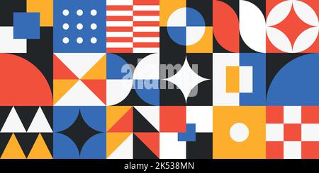 Seamless colorful geometric pattern. Combination of circles, triangles and other simple shapes with minimal and modern style. Retro background, ideal Stock Vector