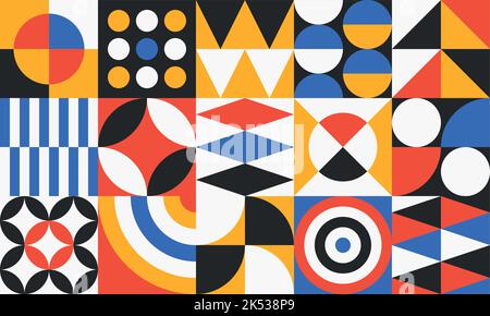 Seamless colorful geometric pattern. Combination of circles, triangles and other simple shapes with minimal and modern style. Retro background, ideal Stock Vector