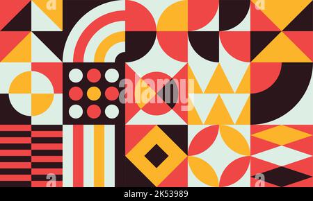 Seamless colorful geometric pattern. Combination of circles, triangles and other simple shapes with minimal and modern style. Retro background, ideal Stock Vector