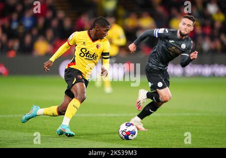 Watford's Yaser Asprilla in action during the Sky Bet Championship match at Vicarage Road, Watford. Picture date: Wednesday October 5, 2022. Stock Photo