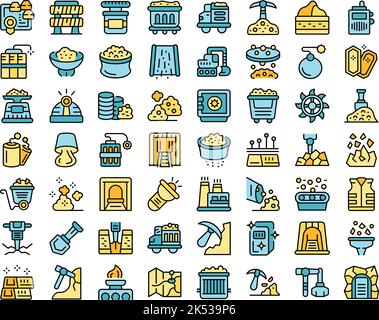Gold mining icons set outline vector. Mine golden. Ore miner thin line color flat on white Stock Vector