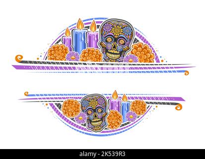 Vector border for Day of the Dead with copy space for congratulation text, greeting card with illustration of art design decorative skull, burning can Stock Vector