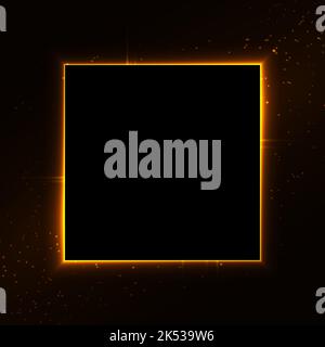Gold sparkling glitter square frame on black background with light effects. Sparkles border with magic dust and text space. Luxury banner template for Stock Vector