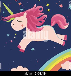 A vector of a cute unicorn flying over a rainbow in the sky Stock Vector