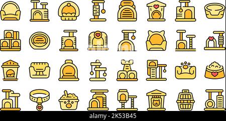 Cat house icons set outline vector. Tree tower. Post house thin line color flat on white Stock Vector