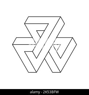 Three impossible triangles shape. Penrose esher geometric object. Line icon. Endless continuity concept. Sacred geometry. Optical illusion, mind trick Stock Vector