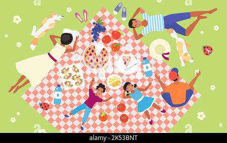 Family picnic, top view vector illustration. Cartoon happy mother and father, kids and dog lying on tablecloth blanket in backyard or green grass of summer park, people eating picnic food background Stock Vector