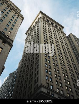 Looking up at buildings in the Financial District, Manhattan, New York Stock Photo