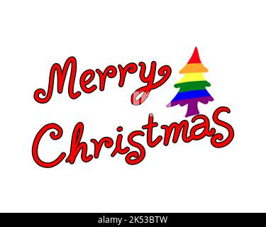 A handwritten Merry Christmas with hand drawn of gay pride rainbow Christmas tree, cut out on white background. Christmas holidays celebration. Stock Vector