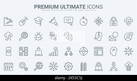 Support for computer software, program code thin line icons set vector illustration. Outline maintenance of cloud service, data export, modify and synchronisation with server, antivirus programming Stock Vector