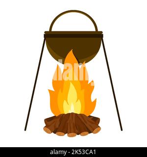 Cooking food campfire pot cauldron camping flat. Hiking icon pile burning wood cookware outdoor food military hunting travel heat cook inside pot open fire dangerous keep nature isolated Stock Vector