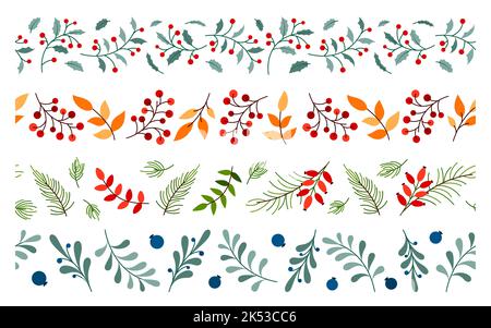Christmas fall floral seamless border flat set. New year print pattern frame sticker stencil infinite holiday decorative ribbon scotch tape leaf berry branch evergreen plant winter vintage ornament Stock Vector