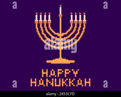 Happy Hanukkah. Menorah with nine candles in pixel art style. Golden menorah in the style of 8-bit video game graphics from the 80s. Design for greeti Stock Vector