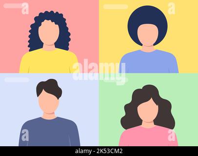 Illustration of an online conference through a computer. Four people are having a business conversation. Stock Vector