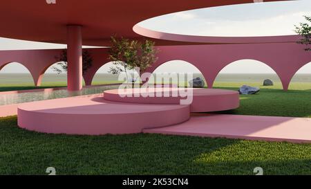 ideal mockup, scene with pedestals at different heights, arches in pink and concrete tower in the background Stock Photo