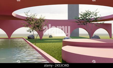 ideal mockup, scene with pedestals at different heights, arches in pink and concrete tower in the background Stock Photo