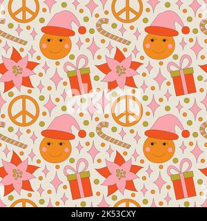 Seamless pattern with retro 70s style Christmas elements. Stock Vector
