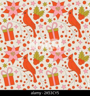 Seamless pattern with retro 70s style Christmas elements. Stock Vector