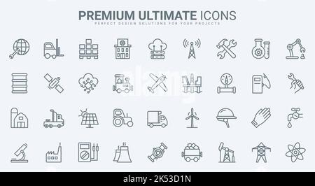 Industry thin line icons set vector illustration. Outline factory buildings and worker, gas and oil, energy and power production and resources, robot Stock Vector