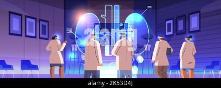 doctors in digital glasses looking at virtual detailed explanation anatomical kidneys internal organ vr vision metaverse Stock Vector
