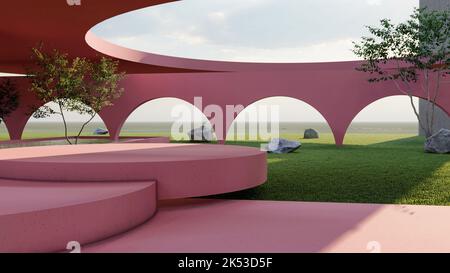ideal mockup, scene with pedestals at different heights, arches in pink and concrete tower in the background Stock Photo