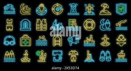 Water safety training icons set outline vector. Beach assistance. Float help vector neon Stock Vector