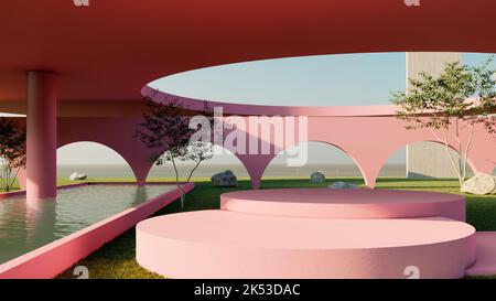 ideal mockup, scene with pedestals at different heights, arches in pink and concrete tower in the background Stock Photo