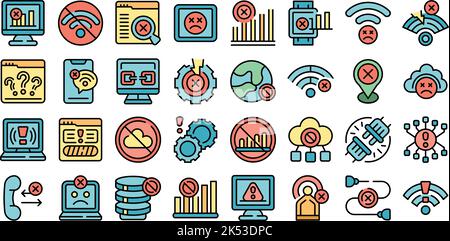 Lost connection icons set outline vector. Atenna available. Signal cell thin line color flat on white Stock Vector