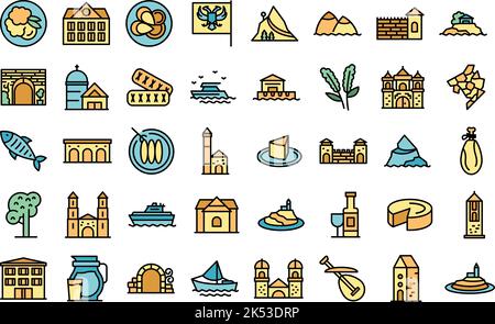 Montenegro icons set outline vector. Country area. Atlas building thin line color flat on white Stock Vector