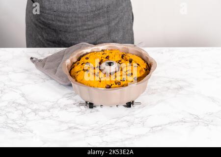 Chocolate pumpkin bundt cake with toffee glaze Stock Photo