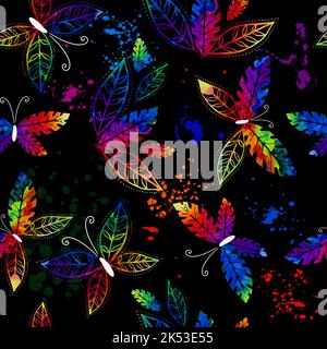 Seamless pattern of colored butterflies from leaves on a black background. Vector illustration Stock Vector