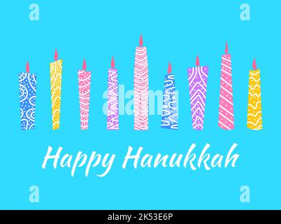 Happy Hanukkah. Nine Hanukkah candles are the symbol of the Jewish holiday. Multi-colored candles with a pattern on a blue background. Design for gree Stock Vector