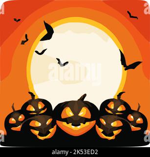 An editable Halloween card banner of spooky carved pumpkins with the moon and bats in the background Stock Vector