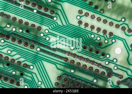 Green PCB motherboard of 1982 Sinclair ZX Spectrum [Issue Two 16k]. For early computing. home computers, popular electronics, British computers. Stock Photo
