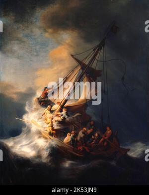 The Storm on the Sea of Galilee, Rembrandt's only known seascape, The Storm on the Sea of Galilee, 1633. Painting by Rembrandt Stock Photo