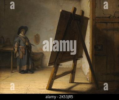 Artist in His Studio, 1628, Painting by Rembrandt Stock Photo